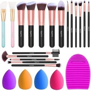 NEW-18PC Makeup Brush Set, 4Pc BlenderSponge,1PcBrushCleaner+2Pc FREE Mask Brush
